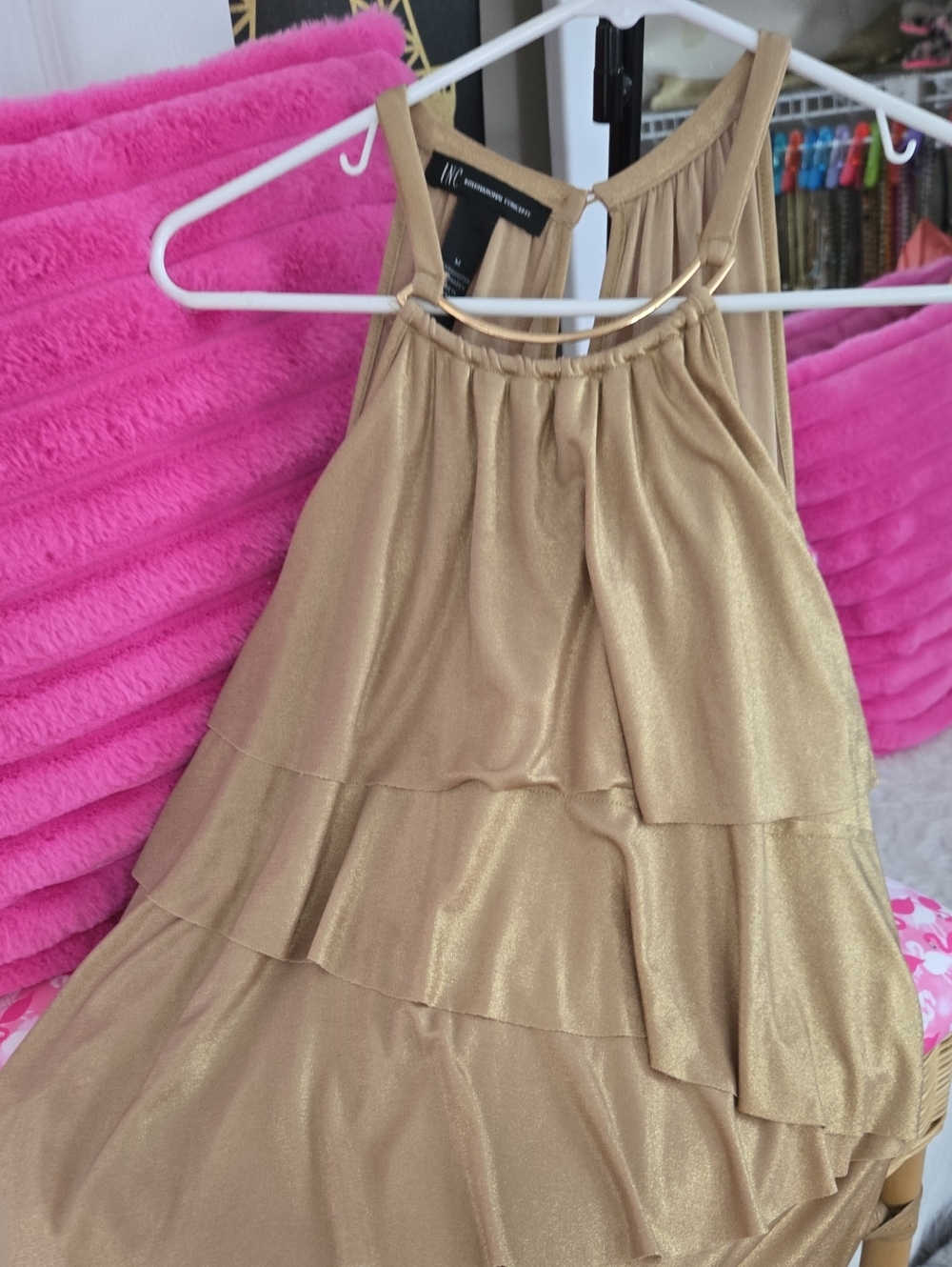 INC International Concepts Metallic Gold Layered Halter Camisole